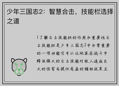 少年三国志2：智慧合击，技能栏选择之道